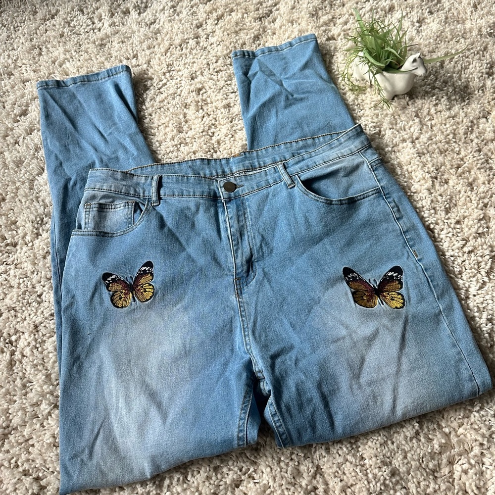 Light denim jean butterfly vintage 90s hippie chick patches skinny blue …